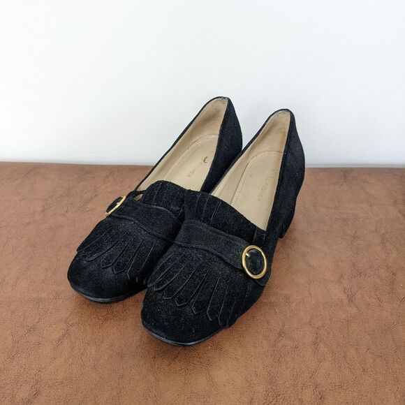 Marc Fisher Mabel Fringe Black Suede Leather Gold Buckle Block Heel Loafer Shoes - Picture 1 of 5
